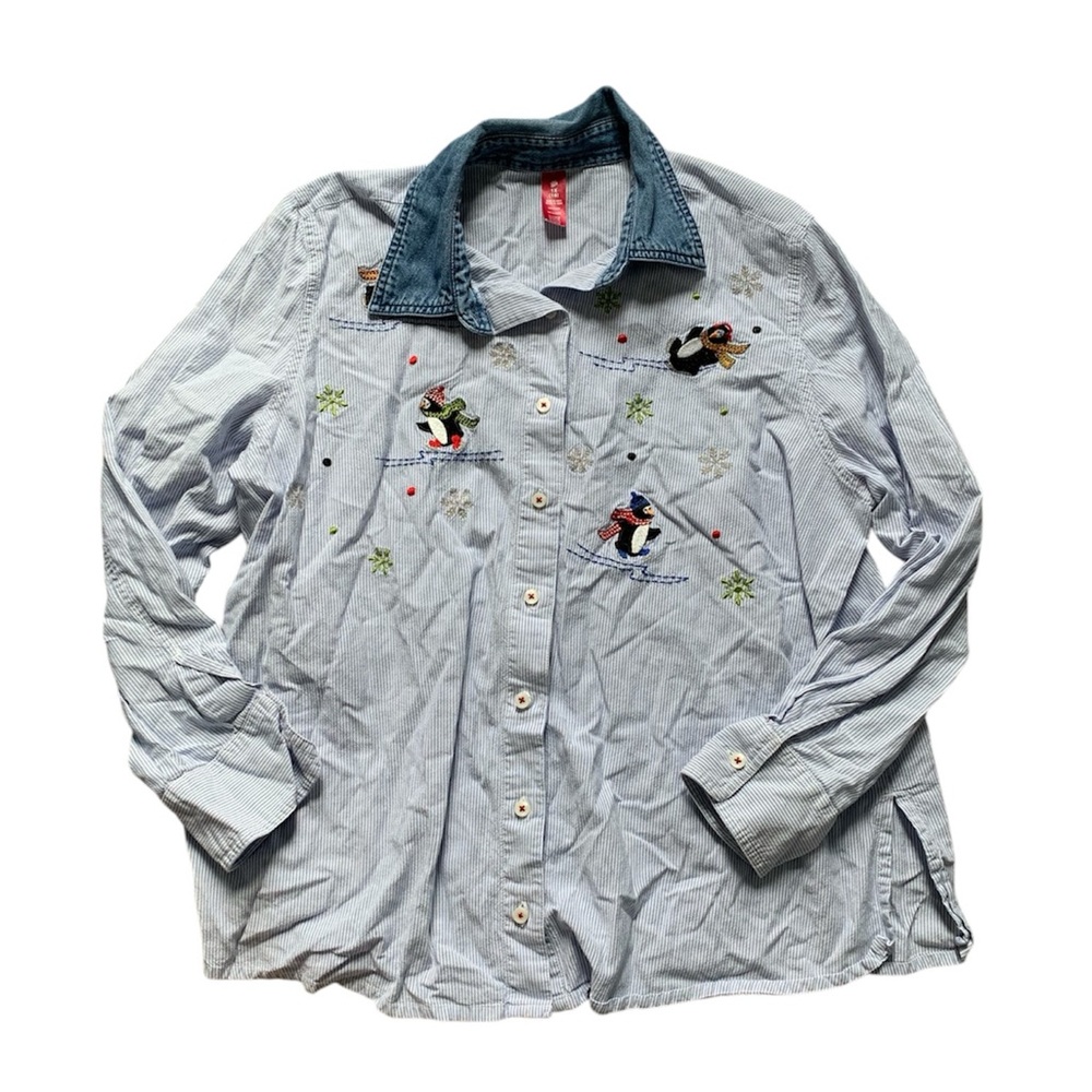 Vintage Blue & White Striped Penguin Embroidered Button Down Shirt 1X